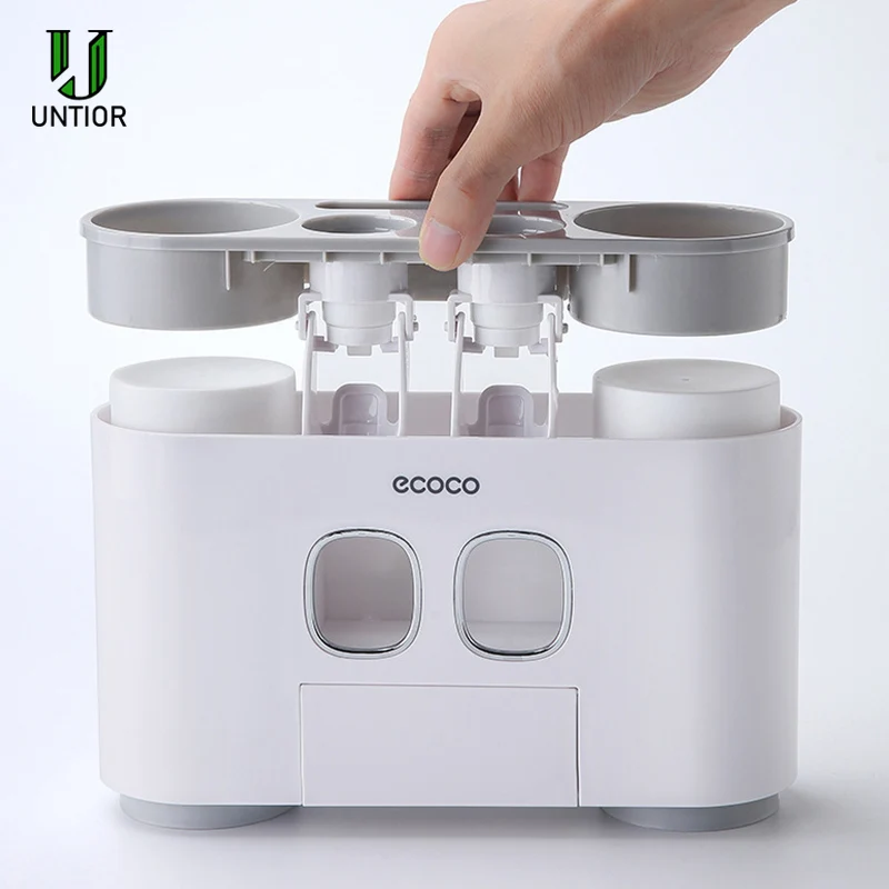 Billige UNTIOR Wand Montieren AutomaticToothpaste Dispenser Squeezer kunststoff sucker Zahnbürste Halter Badezimmer Zubehör Set Mit 4 Tassen