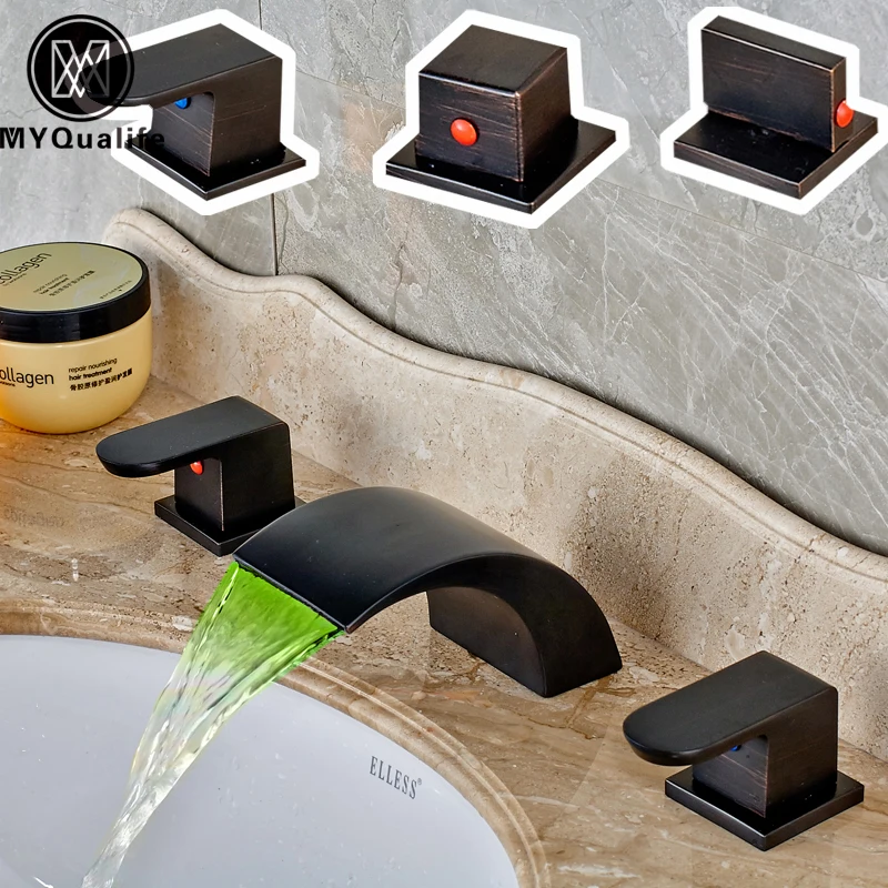Modern Güverte Üstü Yağ Ovuşturdu Bronz Renk Değiştiren LED Havzası Musluk Şelale Musluk RGB Işık Banyo Mikser Musluklar