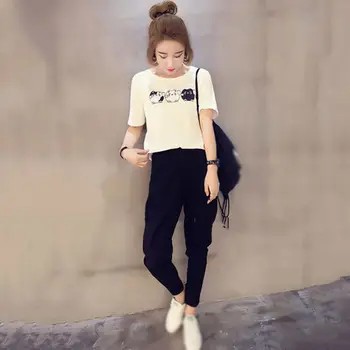 

ETOSELL 2 PCS Women Suits Women Short Sleeve T-Shirts Solid Loose Pant Sets Casual Ladies Cartoon T-shirts Black Pants Suit H