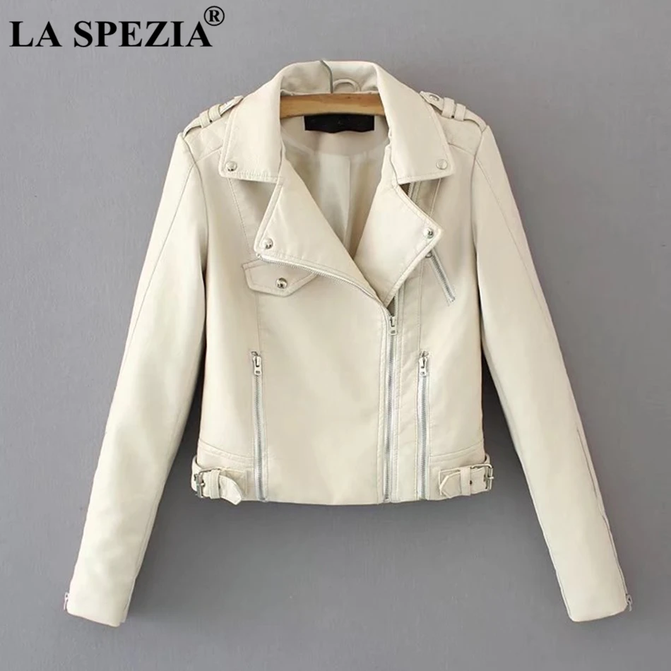 LA SPEZIA Black Jacket For Women Biker Rock Leather Jacket With Belt Female Zippers Pockets Motorcycle Slim Fit Punk Autumn Coat