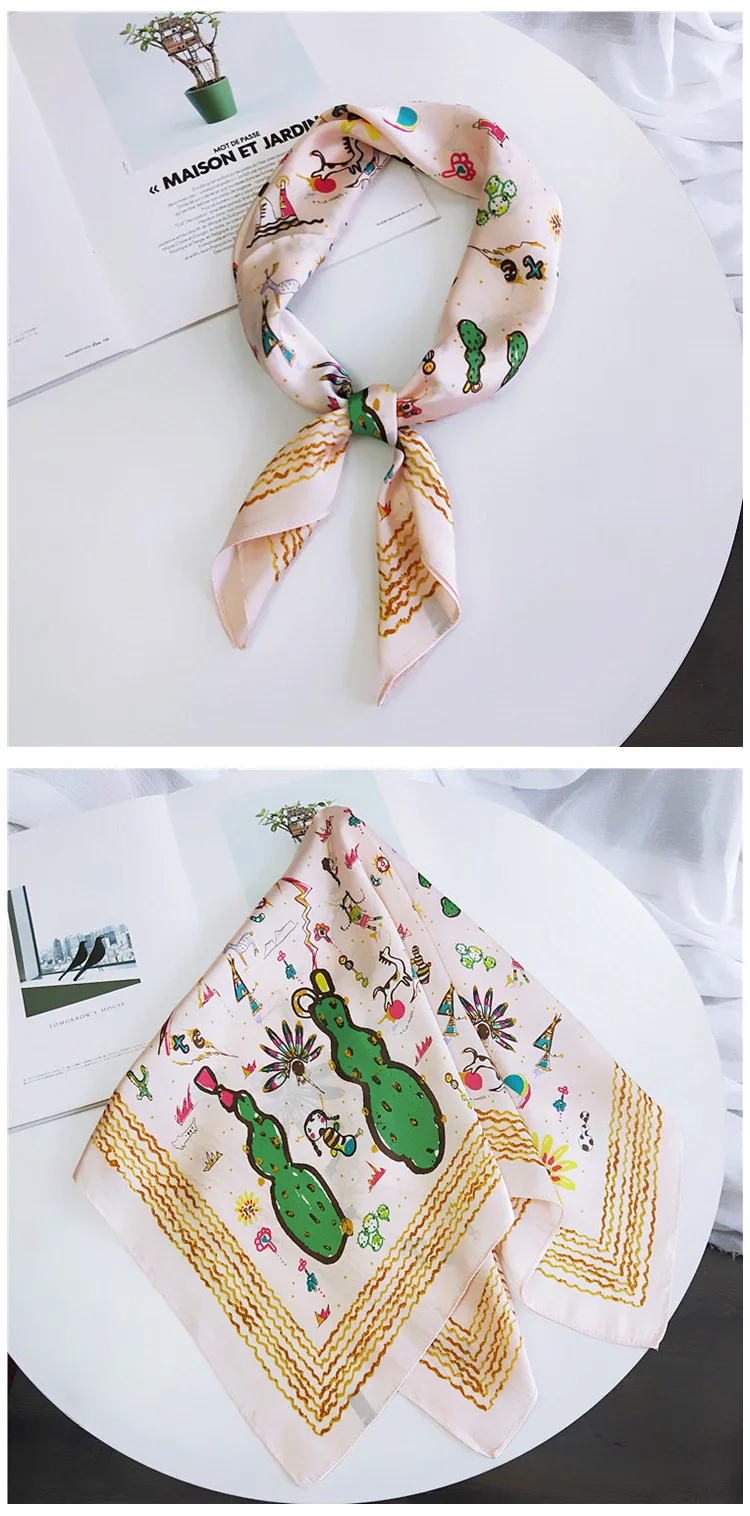 Новинка, корейские квадратные шелковые шарфы для женщин, с рисунком кошки, для девушек, модные платки, косынка, элегантные шарфы для женщин, шали