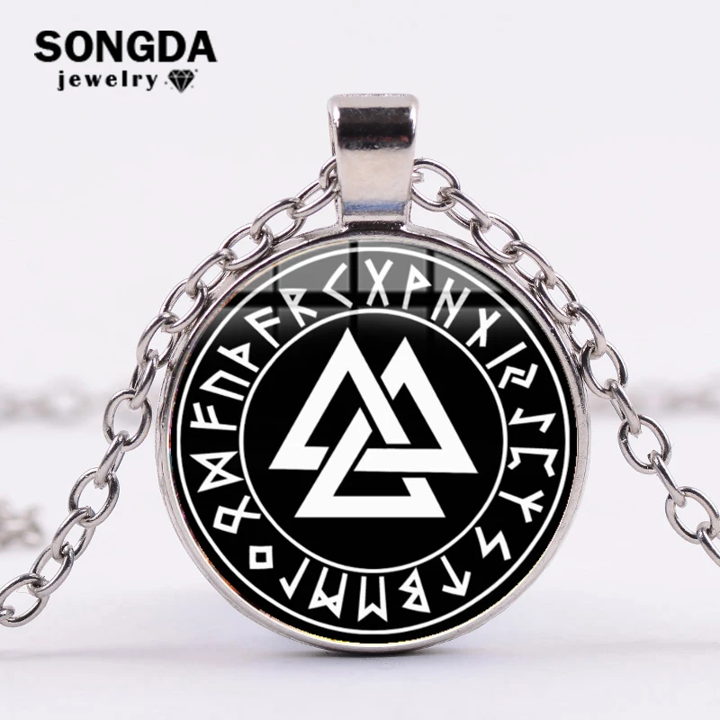 

SONGDA Slavic Norway Valknut Pagoda Necklace Men Totem Print Glass Amulet Pendant Odin 's Symbol of Norse Viking Warrior Jewelry