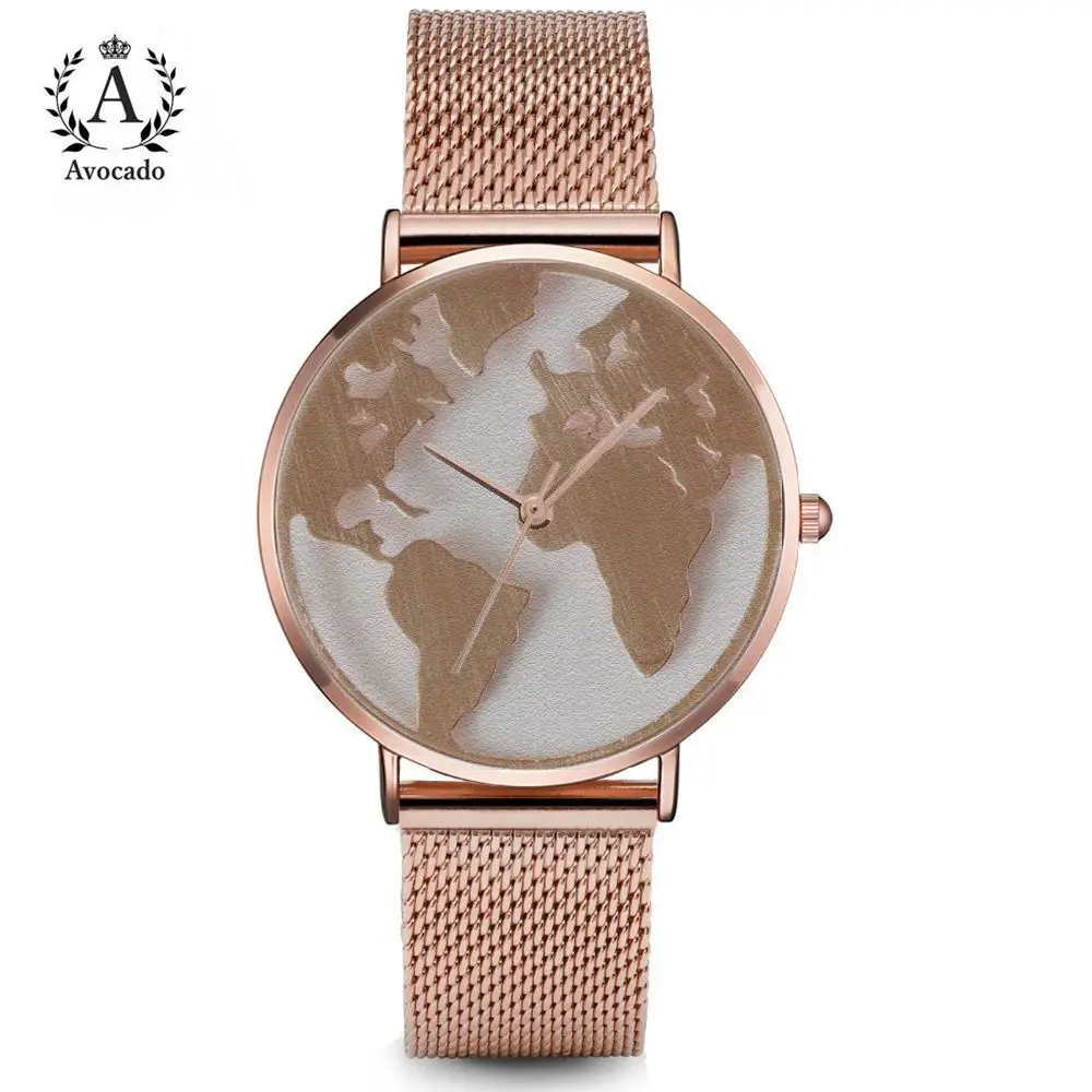 

AVOCADO Hot Sale World Fashion Quartz Watch Map Airplane Travel Around The World Women Watches Wristwatches alloy strap