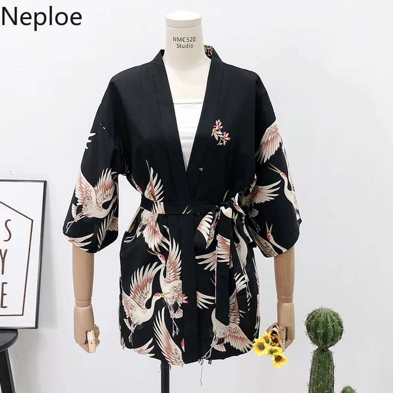 Neploe Harajuku Для Женщин Кимоно Кардиган Винтаж принт Bohomian блузки с v образным вырезом