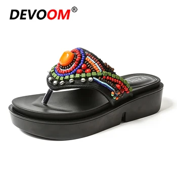 

2018 Handmade Flip Flops Women Summer Slippers Beach Leather Slipper String of Beads Special Custom Personality Shoes For Woman