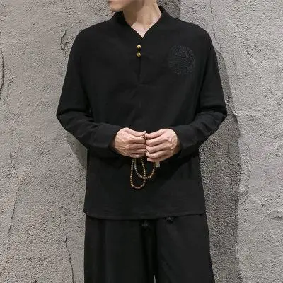Китайская традиционная вышивка цветок Тан костюм мужской хлопок льняная одежда 2 шт футболка и брюки свободный кунг-фу набор размера плюс M-5XL - Цвет: Black