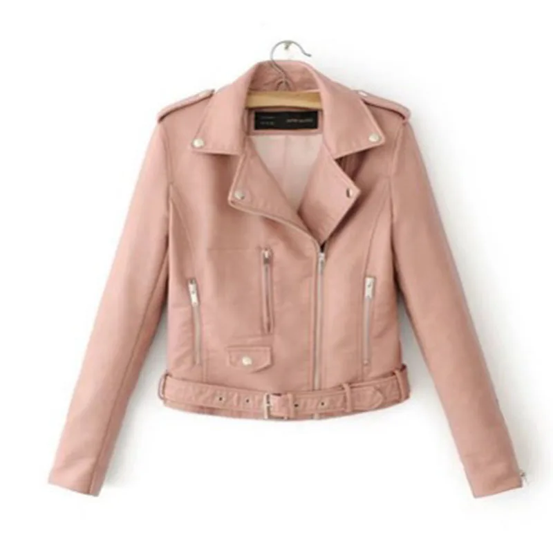 Soild Color Leather Jacket Women Fashion Bright Colors Black Motorcycle Coat Short Faux Leather Biker Jacket Soft Female Tops