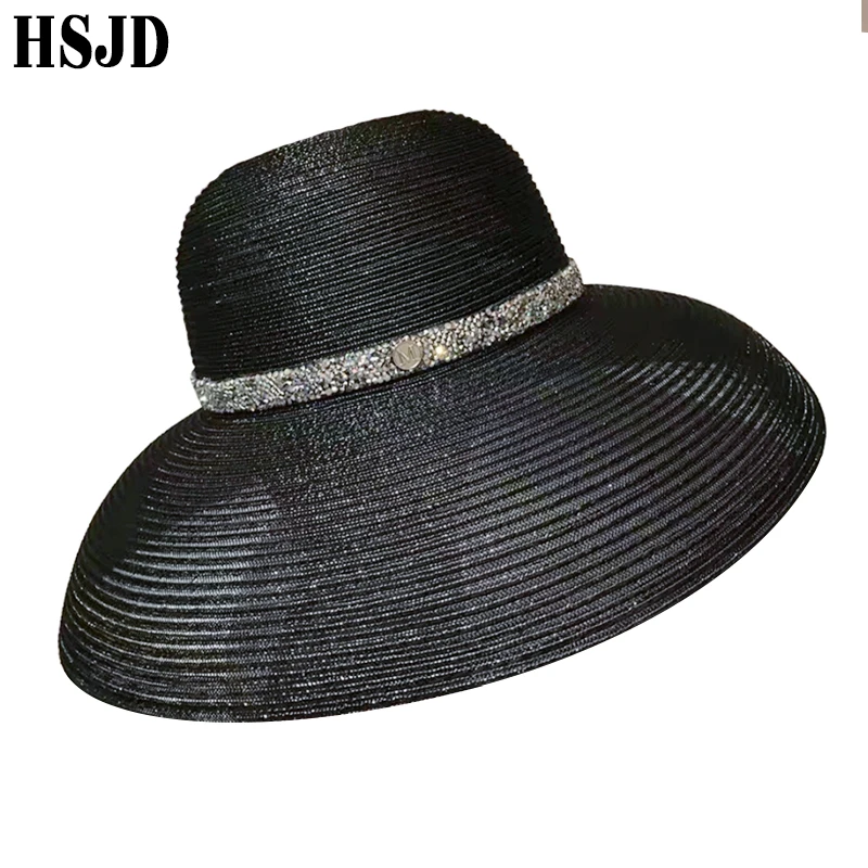 Summer Elegant Wide Brim Beach Hat Hepburn Style Rhinestone Belt Sun Hats Female Foldable UV Protection Sun Visor Caps