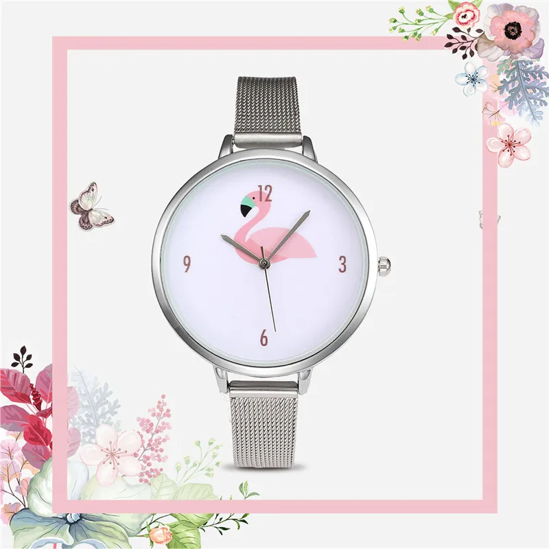 

2018 New Fashion Women's Watch relogio feminino Flamingo Pattern Wrist Watch Stainless Steel Mesh Watchband Quartz Watches 45