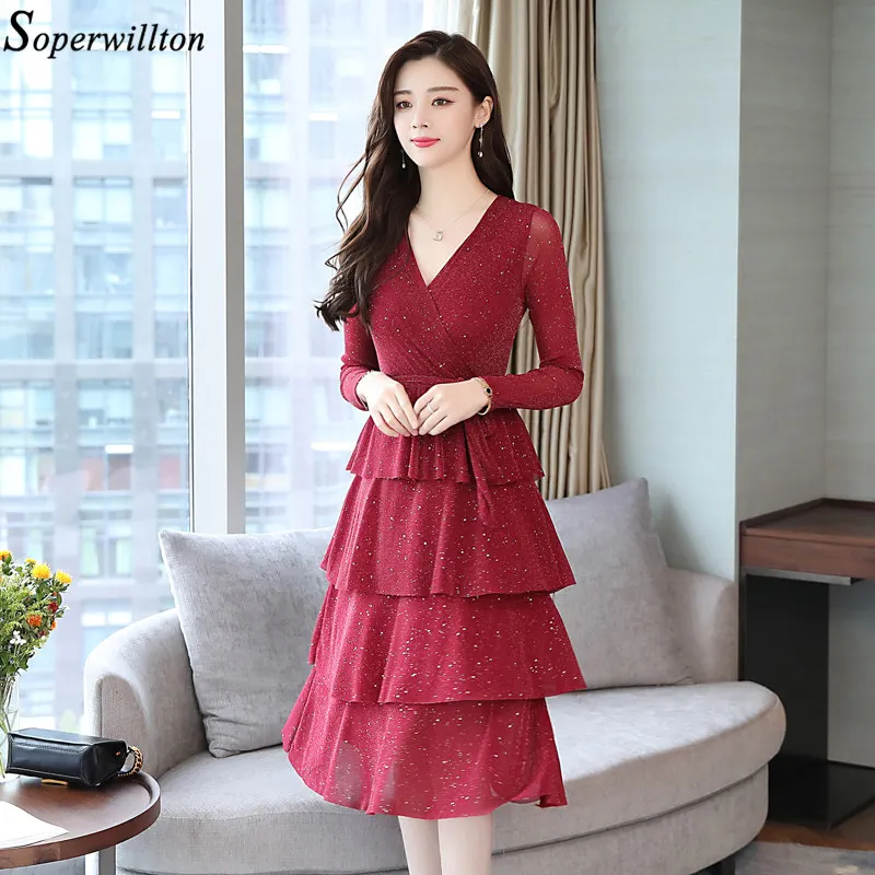 

Women Dress Elegant Lady Office Vestido Ruffle Fashion 2019 Autumn Long Sleeve Mesh Dresses Female Cocktail Party Red Black V04