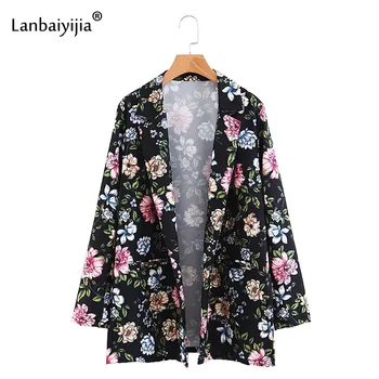 

Lanbaiyijia Newest Women Outerwear Fashion Summer Turn-down Collar long Sleeve kimono coats floral print Loose Women Coats