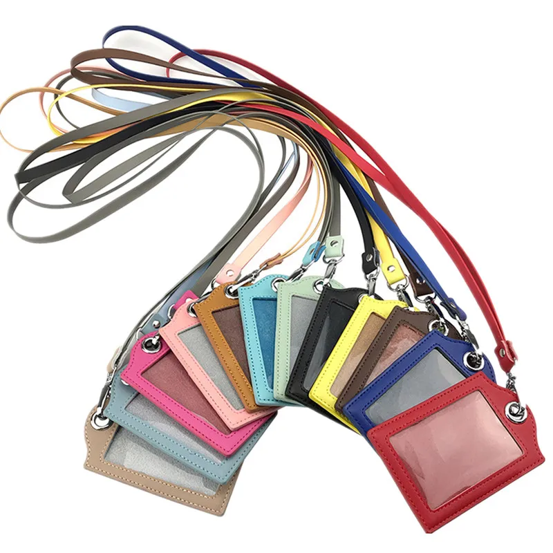 

Leather ID Badge Card Holder Wallet Case with 1 Clear ID Window 1 Credit Card Slot Lanyards Office Neck Strap