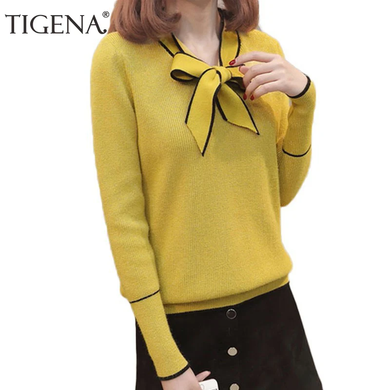 Comprar TIGENA 2019 Otoño Invierno Pullover suéter mujer de manga larga de punto suéter femenino con arco amarillo rojo Jumper ropa de las señoras