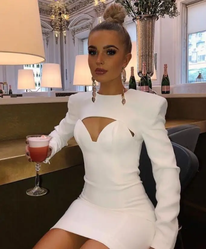 

2019 New Winter Women Bodycon Dress White Long Sleeve Hollow Out Club Dress Vestidos Celebrity Evening Party Dress K-142