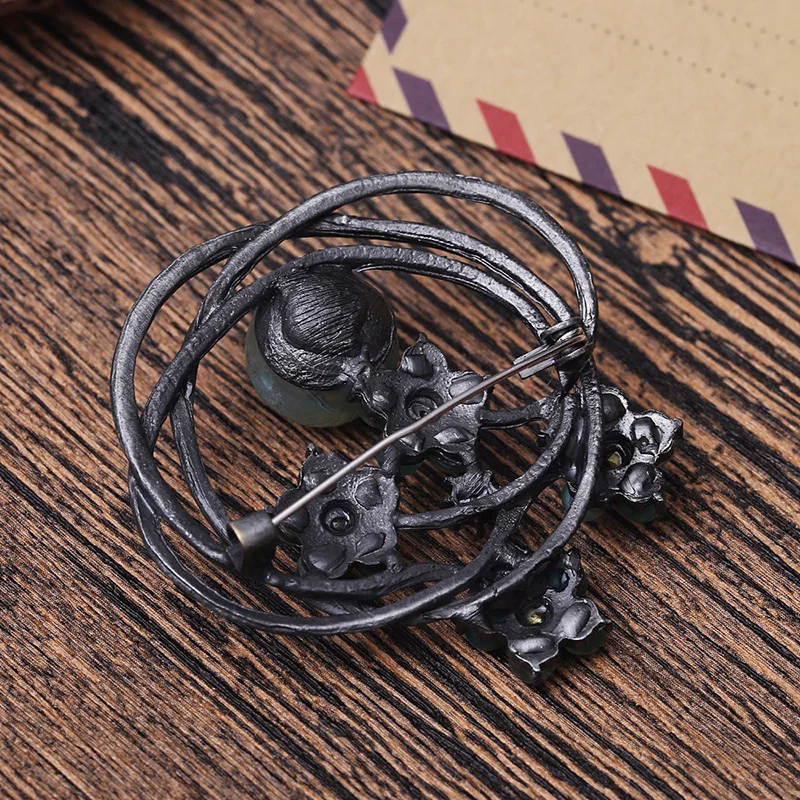 TDQUEEN Vintage Brooch Pins Antique Silver Plated Metal Green Natural Stone Beads Flower Big Round Pins and Brooches for Women (1)