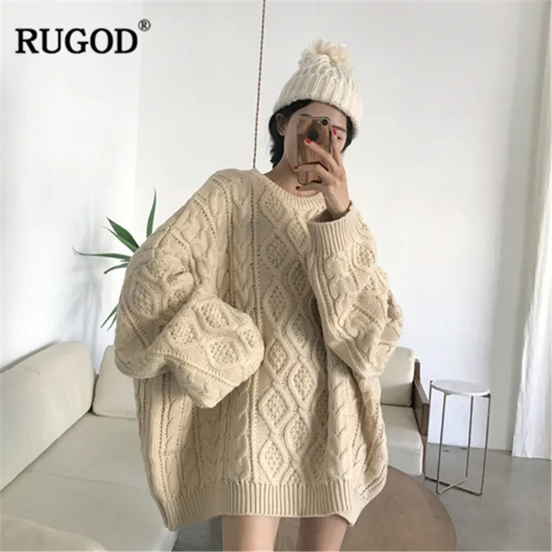 RUGOD Модные женские пуловеры больших размеров, одноцветные вязаные свободные женские свитера с круглым вырезом, плотная зимняя одежда Джерси mujer invierno