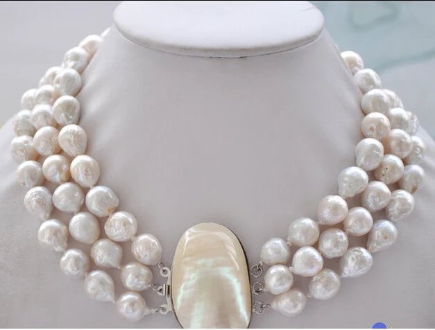 

Hot sale 2016>>>Free Shipping>3row 18" 13mm white almost round keshi reborn Edison pearl necklace