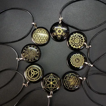 

Natural obsidian necklace pendant flower of life Magic circle divination sri yantra Triqueta metatrone's cube Multi-dimensiona