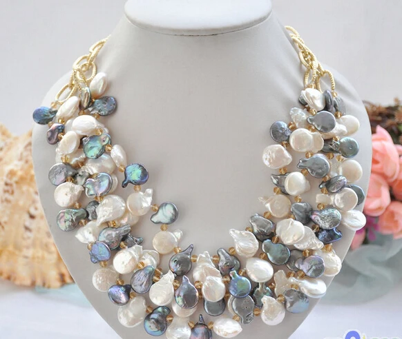 

Jewelr 005893 4ROW 20" 14MM WHITE BLACK COIN FRESHWATER PEARL CHAIN NECKLACE