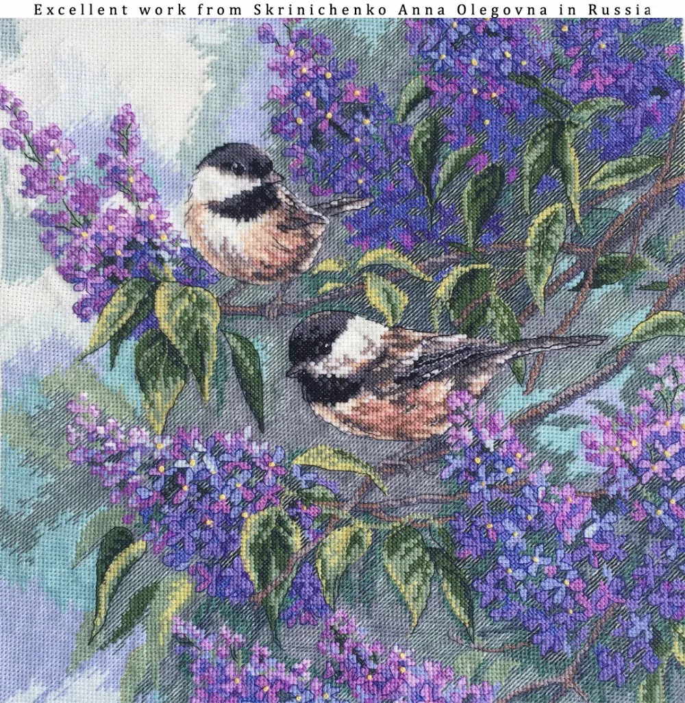 Cross Stitch Kit Chickadees and Lilac Purple Flower and Bird dim 35258