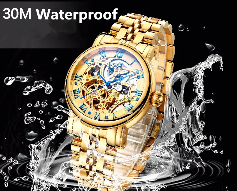 Ouro Auto Winding Skeleton Romanos Amantes de