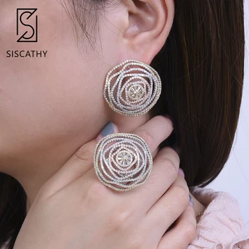 

Luxury Dubai Wedding Jewelry Sets Three Tones Mixed Cubic Zirconia Geometric Stud Earrings Opening Ring Jewelry Set For Women