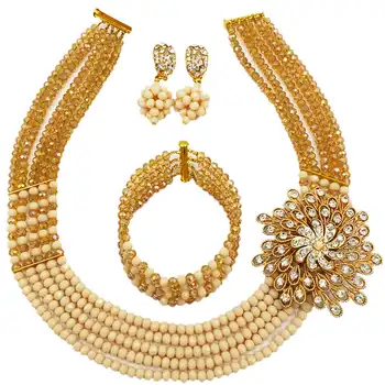 

Ivory Gold AB African Costume Jewelry Set Nigerian Wedding Necklace Earrings Party Jewelry Sets 5C-SXJB012