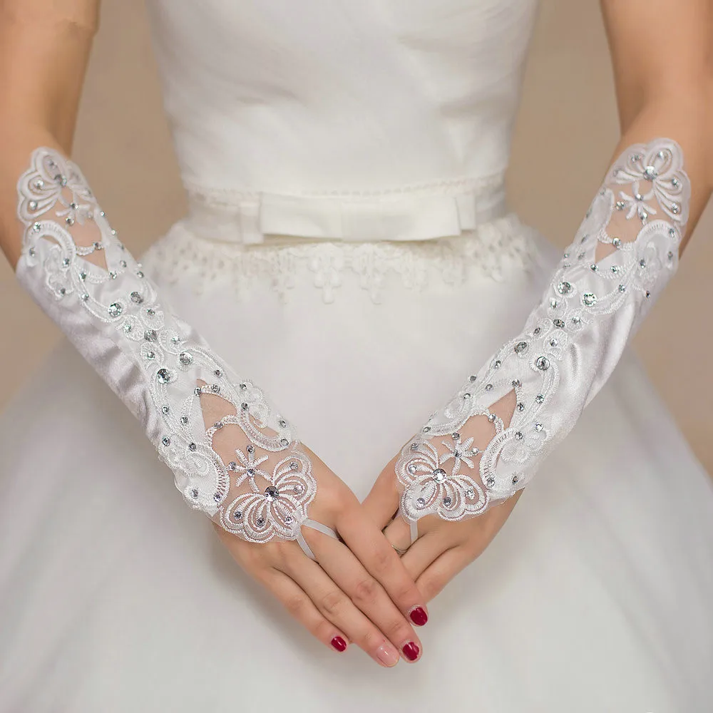 Free Shipping Bridal Gloves Applqiue with Rhinestone Fingerless Gloves Wedding Gloves