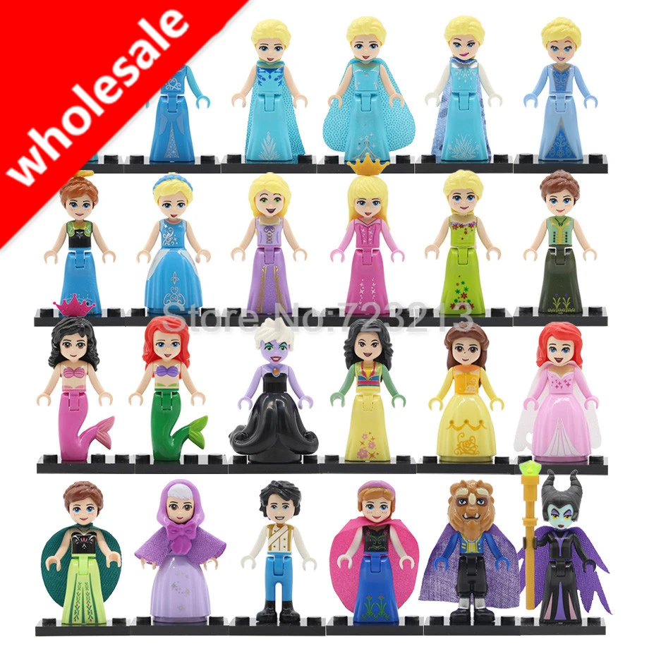 

Wholesale 50pcs Princess Girl Fairy Tale Figure Belle Mulan Cinderella Ariel Olaf Prince Alana Building Blocks Toys