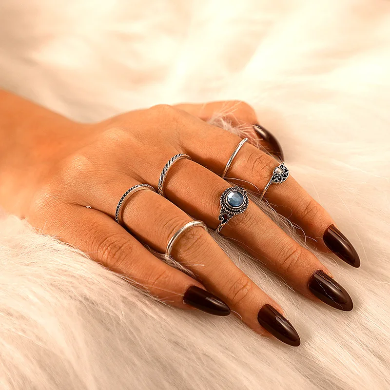 

Tocona Bohemia Vintage Silver 6pcs/sets Finger Rings For Women Men Hollow Carving Flowers Blue Crystal Stone Jewelry 5094