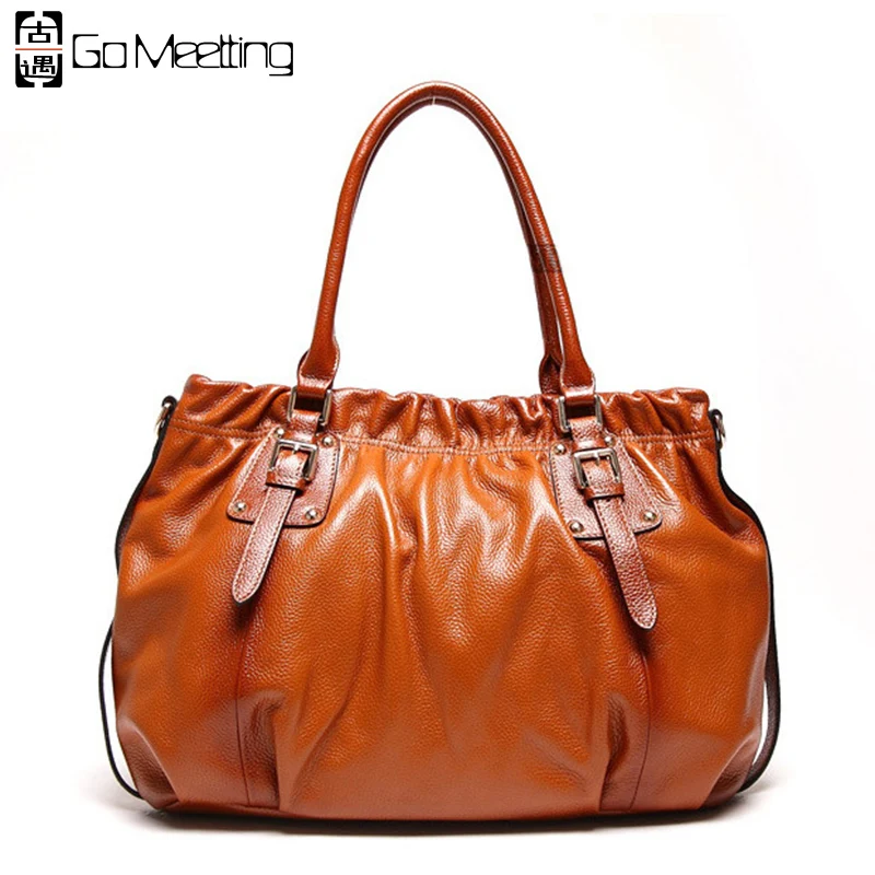 

Go Meetting Brand Genuine Leather Women Handbags High Quality Cowhide Ladies Shoulder Bags Vintage Ruched Messenger Bag WS68