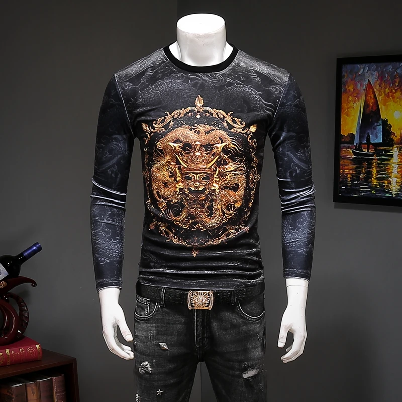 

Chinese style dragon totem 3d printing fashion long sleeve t shirt Autumn 2018 quality velvet soft comfortable t shirt men M-4XL