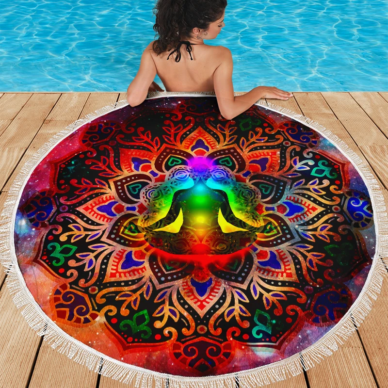 

Psychedelic Large Round Beach Towel Microfiber Mandala Beach Towel Sports Yoga Chakra Beach Mat Boho Picnic Blanket Tapestry