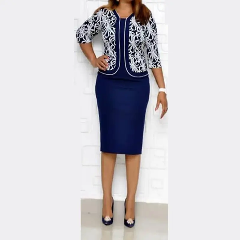 

Summer Blue Office Ladies Plus Size Party Vintage Women Midi Dresses Bodycon Geometric Chic Retro African Fashion Chic Dress