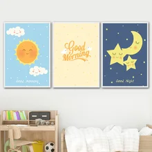 Sun Moon Star Cloud Good Morning Nordic Posters and Prints Wall Art Canvas Painting Nursery Wall Pictures Baby Kids Room Decor morning star
