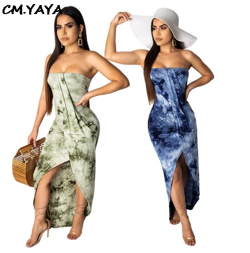 

2019 Women new summer tie dye galaxy print strapless bodycon midi irregular split party club maxi dress long vestidos GLU7067