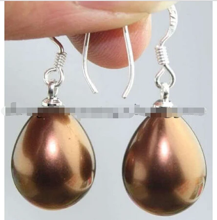 

-hot 12X14mm Chocolate Shell Pearl Earring Silver Hook