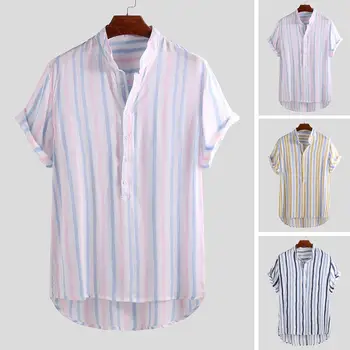 

Short Sleeve Stand Collar Street Wear Loose Small Fresh Stripes Summer 2020 Men's Shirt Casual Breathable Men's Camisa Masculina