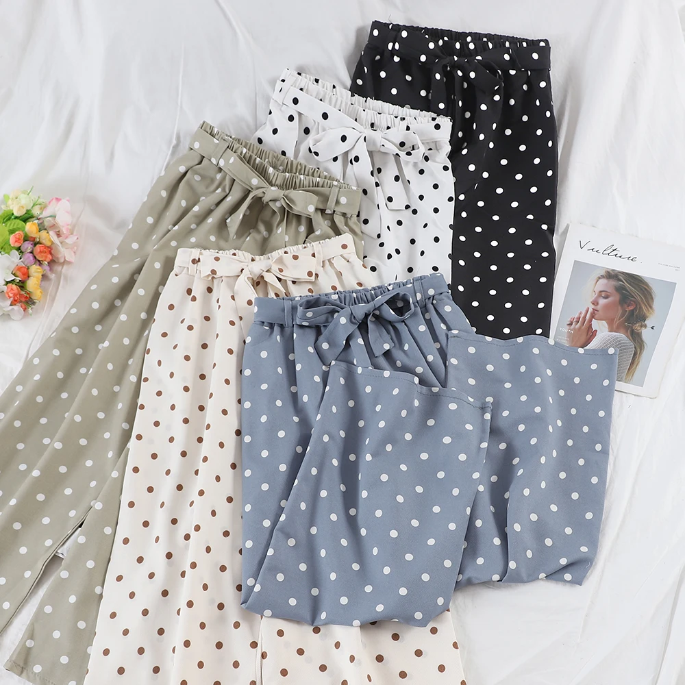 

New Korean Fashion Women Dot Wide Leg Pants Summer Autumn Bow Lace Up Elastic High Waist Trousers Female Casual Loose Pant S1924