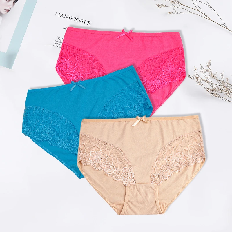 

FUNCILAC Plus size Briefs Women's Cotton Panties Sexy Lace Knickers Transparent Female Underwear Intimate Lingerie 3 Pcs/lot