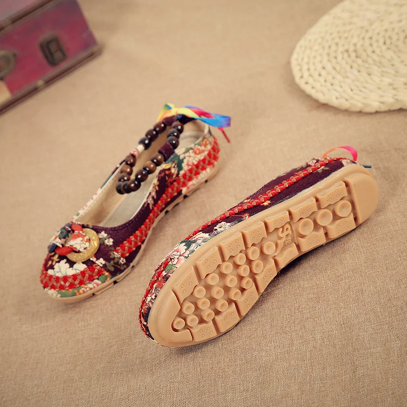 Veowalk/женские парусиновые балетки на плоской подошве с ремешком, украшенным бусинами; Разноцветные модные женские туфли ручной работы на шнуровке сзади; цветочный из хлопчатобумажной ткани