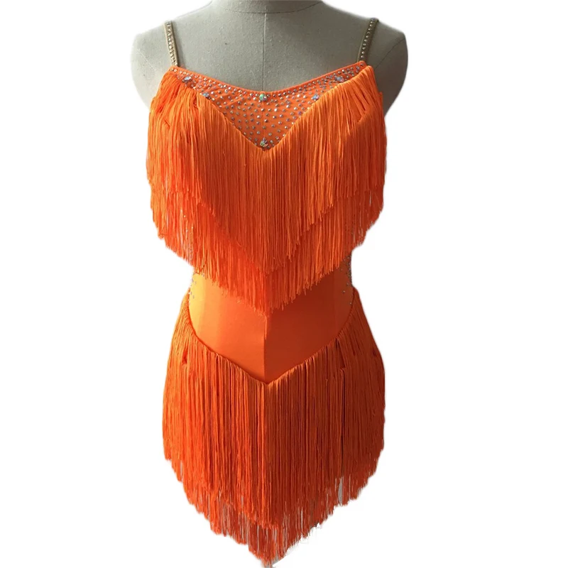Лидер продаж, платья для латинских танцев для женщин, черные кружевные Клубные вечерние платья для танцовщицы, певицы, артиста, черное платье с бахромой DM1034 - Цвет: Orange Dress
