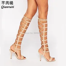 Qianruiti/высокие сапоги с узкими ремешками и вырезами Женская летняя обувь сандалии-гладиаторы на высоком каблуке-шпильке с перекрестной шнуровкой