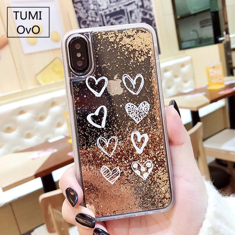 

For iPhone X Luxury Cute Love Heart Gold Bead Bling Glitter Dynamic Liquid Quicksand Phone Case For iPhone 6 6S 7 8 Plus Cases