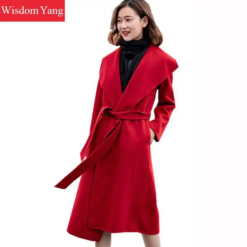 

Elegant Winter Coat Black Khaki Red Turndown Long Sheep Wool Coats Women 2018 Female Woolen Overcoat Loose Coat Ladies Outerwear