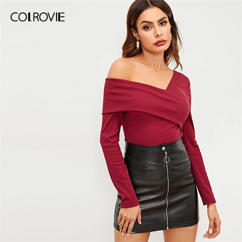 

COLROVIE Burgundy Solid Asymmetrical Neck Fitted Party T-Shirt Women 2019 Spring Korean Fashion Long Sleeve Slim Elegant Tops