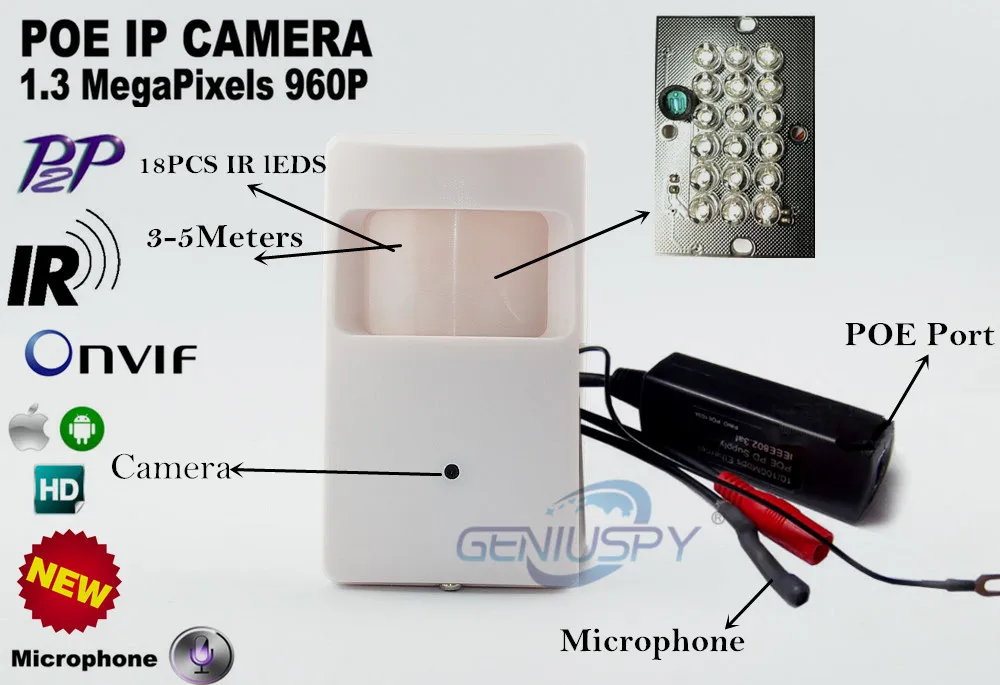 

Pinhole Night Vision&Audio Video 960P 1.3MP PIR POE Camera Motion Detector Pinhole ONVIF Hidden Covert  PIR POE Small IP Camera