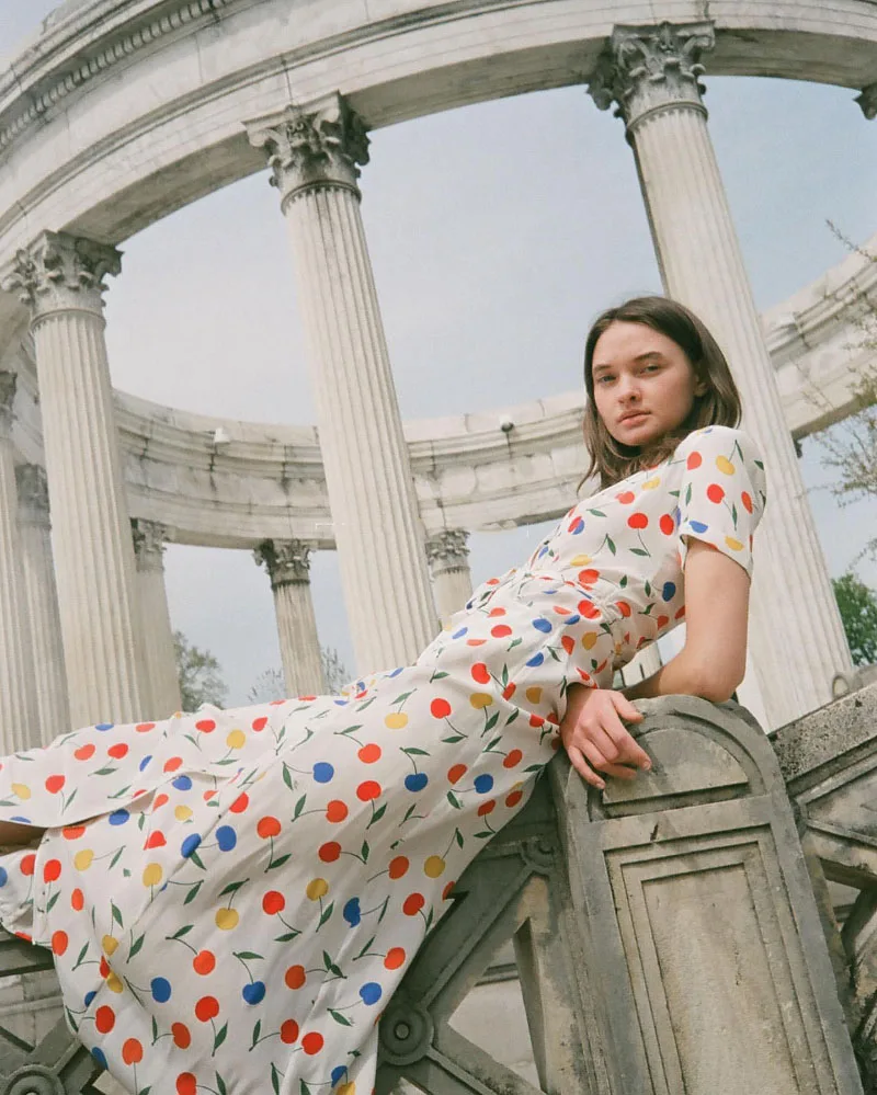 

100% SILK White Midi DRESS Colorful Cherry Print Shirt Collar Short Sleeves RUFFLES HEM Fashion dress woman