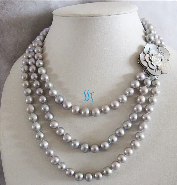 

HOT 002389 8-10mm Gray Freshwater Pearl Necklace Shell Clasp Jewelry