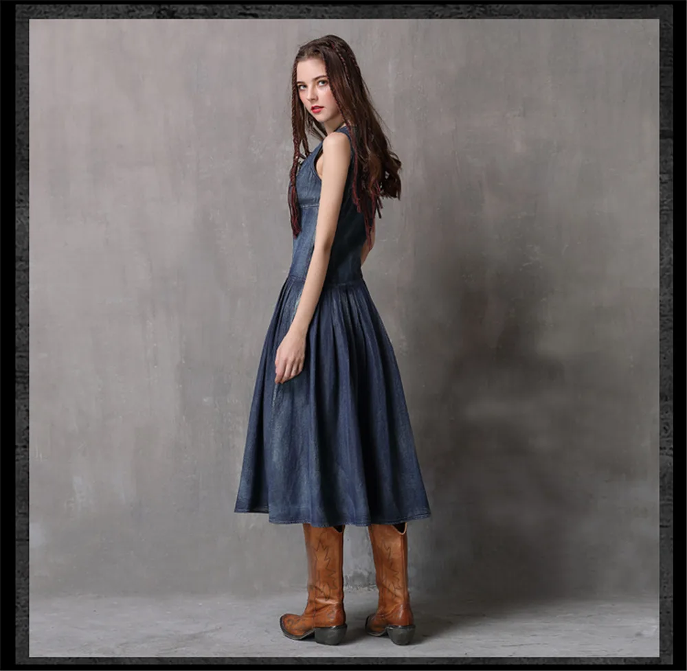 Vintage Summer Deep V-Neck Dress 2018 Boho New Denim Women Dresses Sleeveless A-line Swing Hem Sundresses Vestidos Femininas (17)
